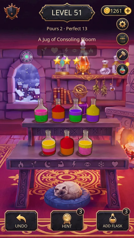 Alchemist's room at winter with flasks on the table
